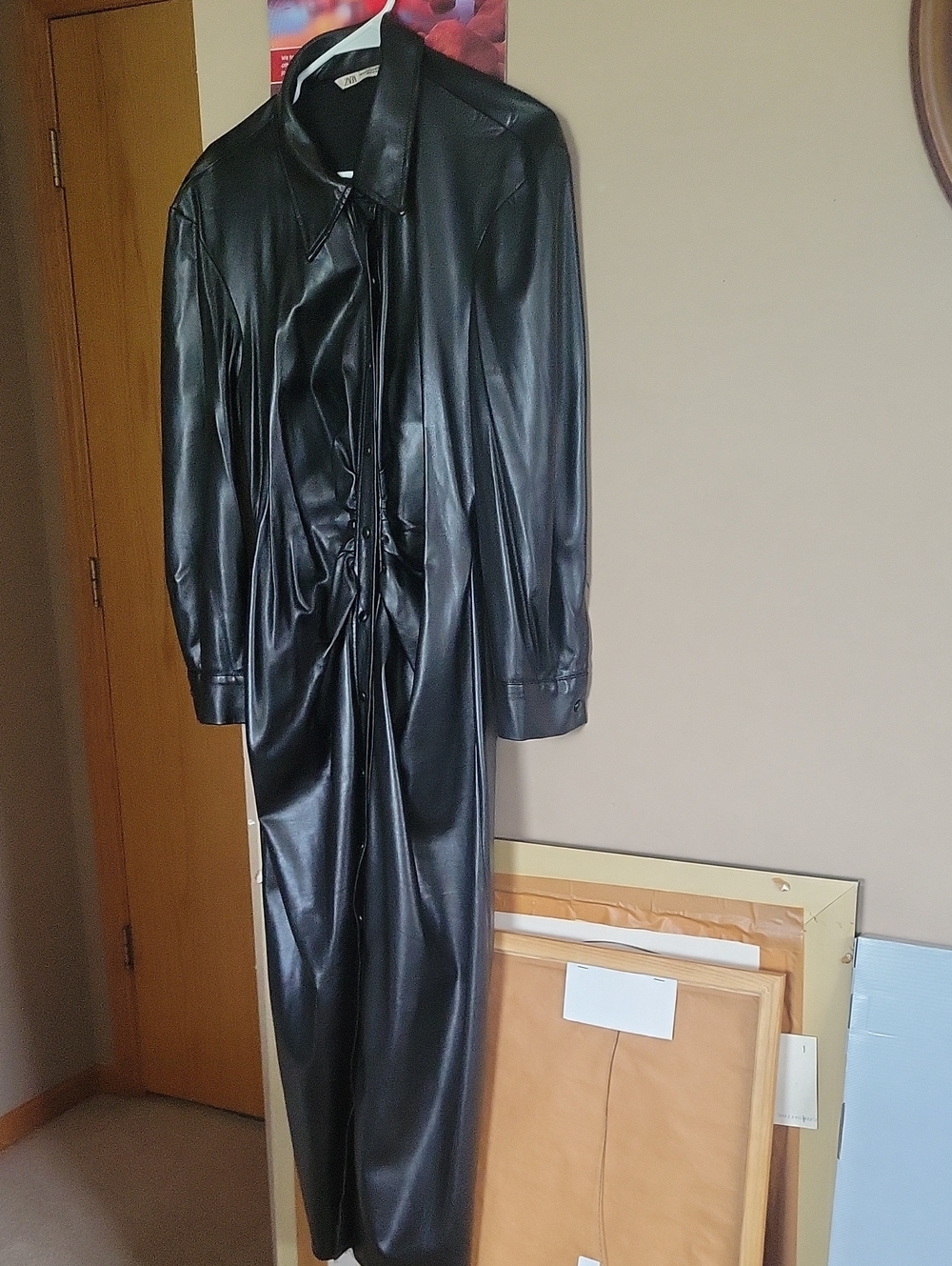 Black Faux Leather Long Coat